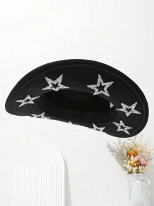 1 Stück Damen Filzhut, moderner einfarbiger Woll-Filzhut mit Strass-Stern Dekor, Sonnenhut mit breiter Krempe, vielseitig einsetzbar für Outdoor, Hochzeit, Unisex