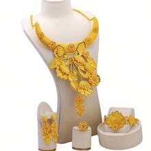 4入組奢華風格珠寶套裝，包含24K鍍金耳環、戒指、手鐲和項鍊，適用於新娘或婚禮 - 金黃色 - 查看 8