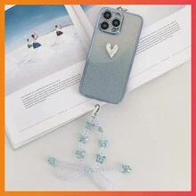 全新電鍍防摔手機殼套裝，包含閃亮貼紙、DIY霧面愛心、透明可愛蝴蝶鏈，適用於iPhone、三星、小米、OPPO、華為及其他品牌手機 - 藍色 - 查看 4