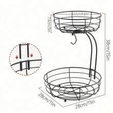 2層金屬網水果籃，帶有一個香蕉掛鉤 - 廚房檯面水果和蔬菜收納（黑色，2層） - 黑色 - 查看 2