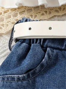 Conjunto de top de alça com aplique de renda e shorts Denim para meninas - Branco - Visão 5