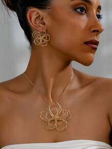 3入組時尚花卉掛墜項鍊和耳環套裝，採用中空線條設計，優雅迷人，適合女性日常、休閒場合或作為禮物 - 金黃色 - 查看 11