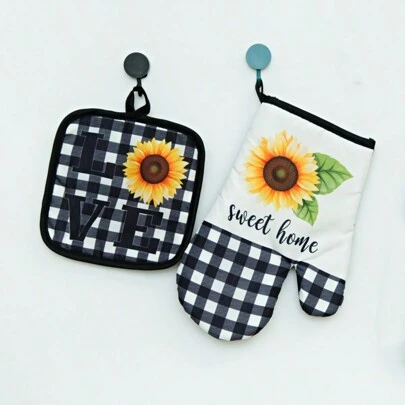 2pcs Thickened Kitchen Baking Oven Glove And Sunflower Microwave Glove Heat Insulation Pad, Plus Thickened BBQ Glove