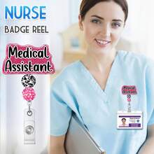 Medical Assistant MA Badge Reel Holder Retractable With ID Clip For Nurse Nursing Name Tag Card Black Alligator Clip Hospital Work Accessories Gifts - Coral Pink - View 3