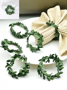 10pcs 6cm Green Leaf Garland PVC Wire Twine Napkin Ring, Iron Wire Leaf Flower Garland Napkin Buckle, For Restaurant Decoration And Table Setting - Green - View 5