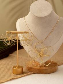 3入組時尚花卉掛墜項鍊和耳環套裝，採用中空線條設計，優雅迷人，適合女性日常、休閒場合或作為禮物 - 金黃色 - 查看 3