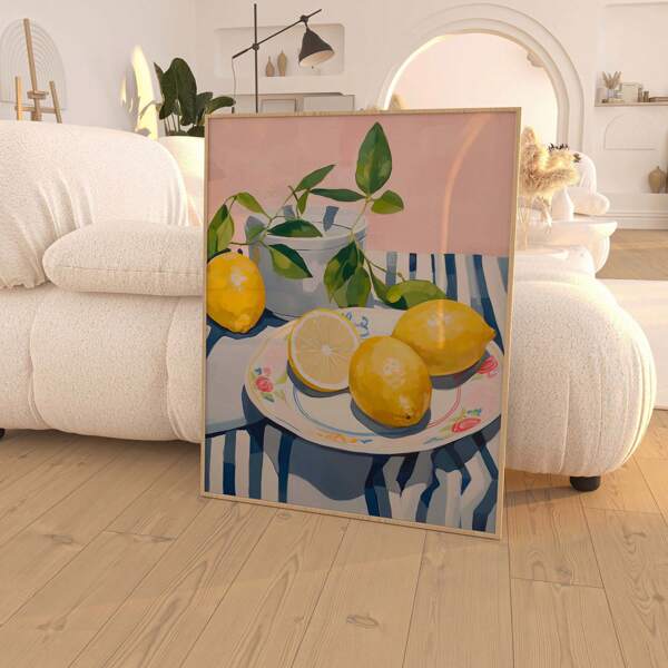 1 pieza, Impresión de arte mural de limones, arte mural colorido, pintura, decoración de pared de la cocina, comedor, decoración azul francesa, estilo Cottagecore, decoración de granja, sin marco