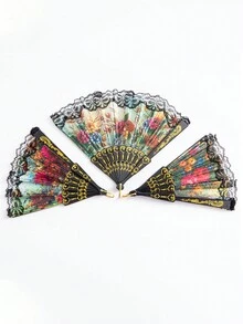 3/6/12 chiếc Quạt gấp trang nhã viền ren màu đen, Quạt cầm tay bằng vải lụa cổ điển mùa hè, lý tưởng khi đi du lịch, biểu diễn sân khấu, tiệc tùng, quà tặng cho gia đình và bạn bè vào các ngày lễ và sinh nhật - Quạt hoa ren lụa đen - Xem 1