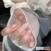 GIRL PLUS GIRLPLUS“冰雪玫瑰”10片纯手工假指甲骨长杏仁棺材形状，冰浅粉色闪亮猫眼渐变镂空玫瑰美甲，高级秀场百变风格，春夏手工美甲推荐时尚美甲套装，适合女士日常佩戴、约会佩戴按压指甲美甲用品 - 粉色 - 查看 21
