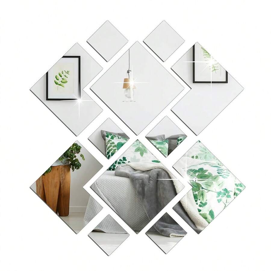 14片装DIY可移除镜面贴纸，亚克力镜面墙贴，适用于客厅、卧室、餐厅、办公室、健身房、咖啡厅等场所装饰。 - 銀色 - 查看 1