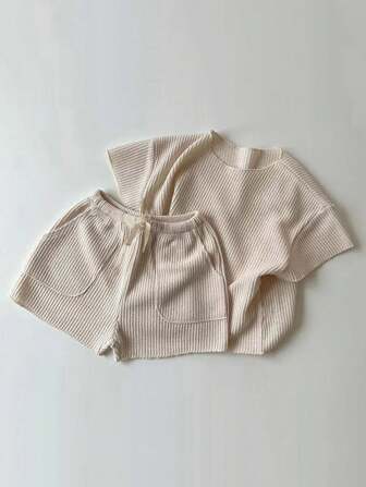 寶寶男童簡約寬鬆窗格紋純色短袖短褲套裝，夏季