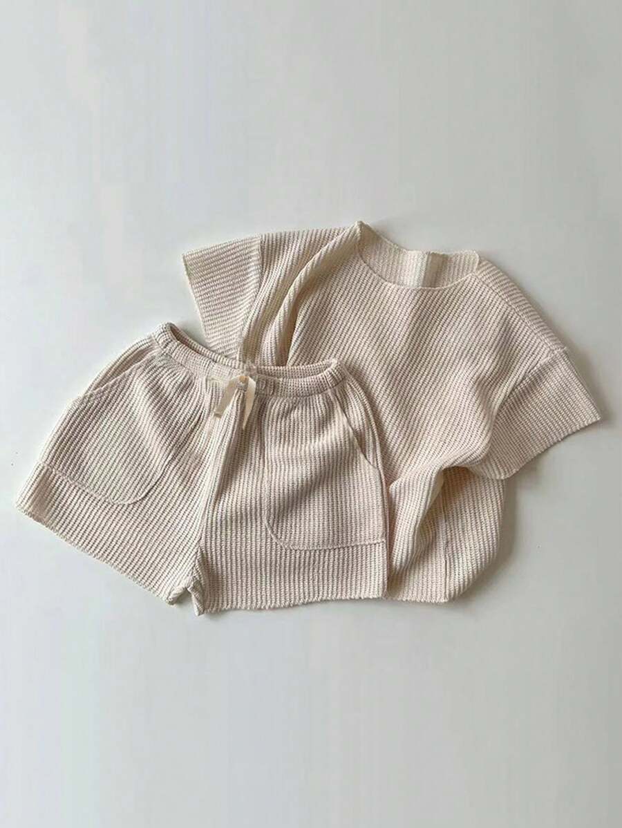 寶寶男童簡約寬鬆窗格紋純色短袖短褲套裝，夏季