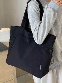 1pc Solid Color Nylon Large Capacity Women's Shoulder Tote Bag, Lightweight & Versatile Shopping Bag For Work, Commute, Shopping, Outdoor, School, Multi-Pocket Drawstring Cloth Bag, Fashionable & Versatile Big Cloth Bag, Easy To Pack For Travel, Simple Solid Color Tote Cloth Bag, Easily Matches Various Outfits - Black - View 3