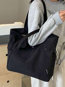 1pc Solid Color Nylon Large Capacity Women's Shoulder Tote Bag, Lightweight & Versatile Shopping Bag For Work, Commute, Shopping, Outdoor, School, Multi-Pocket Drawstring Cloth Bag, Fashionable & Versatile Big Cloth Bag, Easy To Pack For Travel, Simple Solid Color Tote Cloth Bag, Easily Matches Various Outfits - Black - View 4