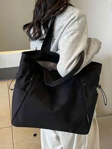 1pc Solid Color Nylon Large Capacity Women's Shoulder Tote Bag, Lightweight & Versatile Shopping Bag For Work, Commute, Shopping, Outdoor, School, Multi-Pocket Drawstring Cloth Bag, Fashionable & Versatile Big Cloth Bag, Easy To Pack For Travel, Simple Solid Color Tote Cloth Bag, Easily Matches Various Outfits - Black - View 5