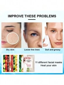 MOOYAM Mascarilla de frutas iluminadora de 11piezas, colección de frutas frescas, mascarilla facial de fresa, rosa, cúrcuma, mantequilla de mango, coco, tomate, lima, pepino, café y miel, hidratante, humectante, antienvejecimiento, iluminadora y calmante, receta coreana de mascarilla facial para mujeres y hombres, cuidado de la piel y cuidado facial