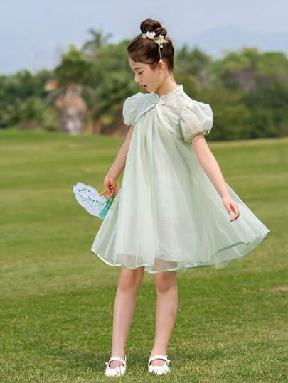 Dimu Tween Girl 2024 Summer New Chinese Style Puff Sleeve Puffy Princess Dress