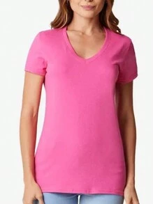 Playera Basica Para Dama Escote en Cuello V 100% Algodon Manga Corta Moda - Fiusha - Ver 1