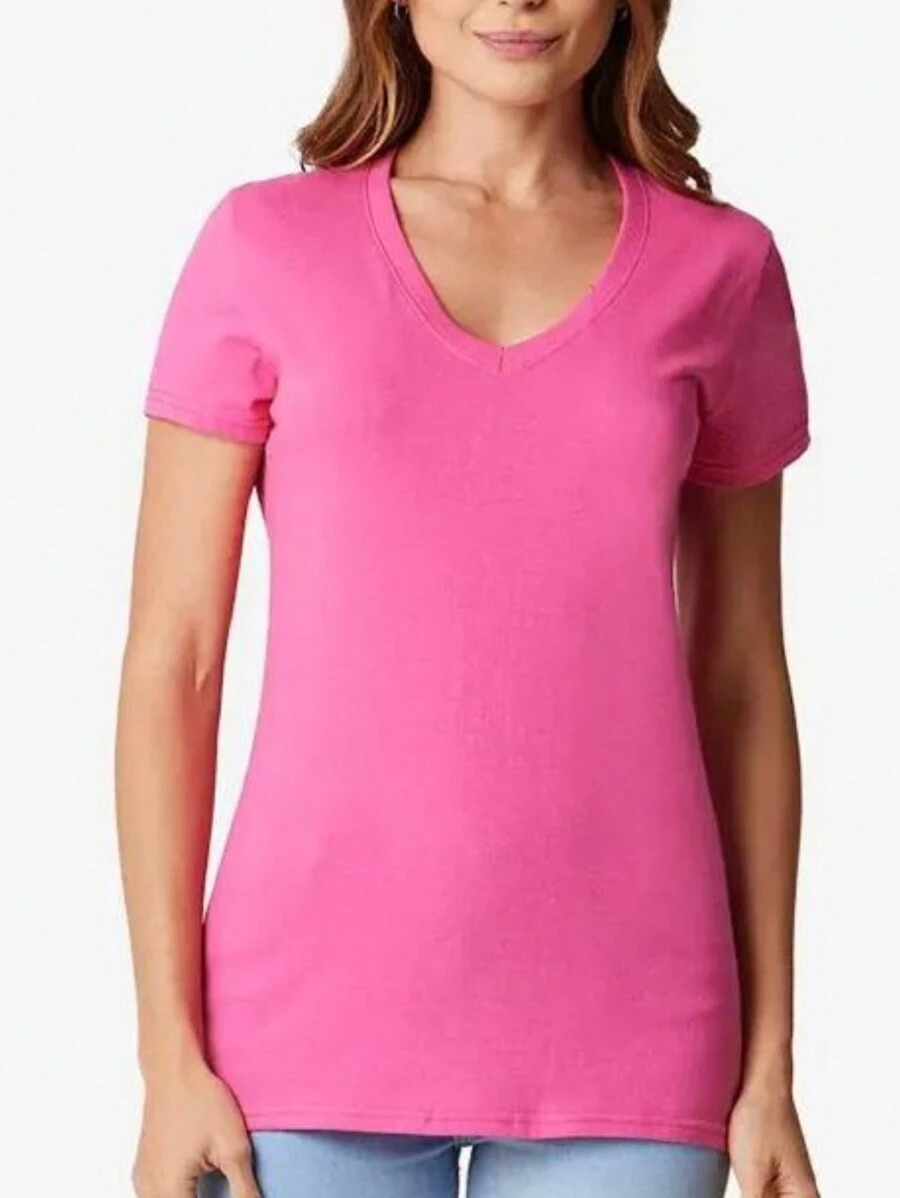 Playera Basica Para Dama Escote en Cuello V 100% Algodon Manga Corta Moda - Fiusha - Ver 1