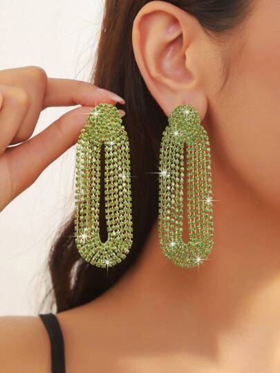 1pair Elegant Green Rhinestone Lightweight Long Tassel Earrings With European And American Style, Suitable For Women To Wear