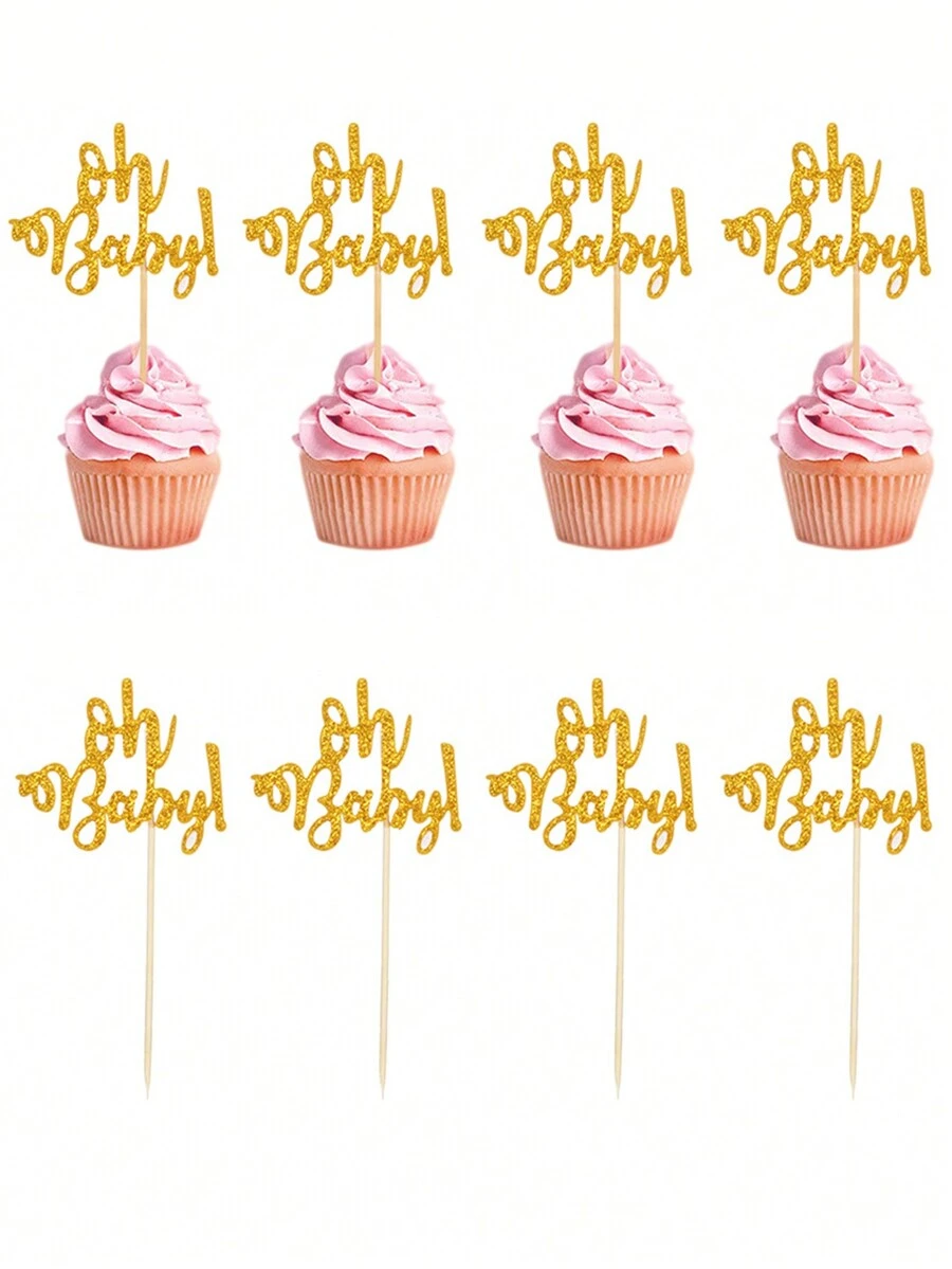 6pcs/Pack "Oh Baby" Cake Toppers For Baby Shower, Birthday Party Decorations, Cake Decorbaby Shower Family Decorations Gifts - Gold - View 1