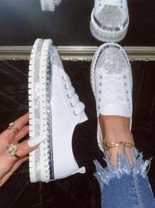 歐美風格簡約款平底鞋，鑲嵌亮片和閃亮彈性帶，適合休閒戶外運動 - 白色 - 查看 6