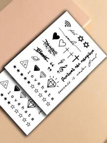 2张女士纹身贴纸，爱心卡通励志语录 - 黑色 - 查看 3