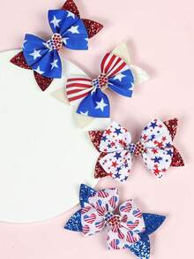 2 件随机款式新款儿童美国蝴蝶结发夹，美国独立日装饰性鳄鱼发夹带亮片，闪光双层燕尾夹，适合日常佩戴、摄影和送礼 - 彩色 - 查看 4
