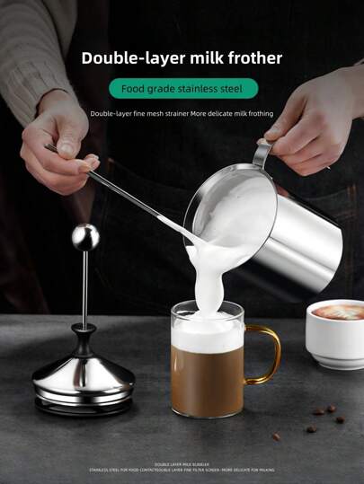 A 400ml/800ml 304 Stainless Steel Milk Frother, Coffee Foam Maker, Milk Frother Pitcher, Stainless Steel Frother, Manual Milk Frother, Double Layer Stainless Steel Hand-Held Milk Frother, Foam Pitcher, Foaming Milk Machine, Thickened Coffee Cup, Ideal For Home/Coffee Shop/Restaurant Back To School
