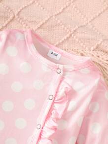 1-12 Months Baby Girls Pink Polka Dot Ruffled Snap Closure Footie, With Headband - Pink - View 3