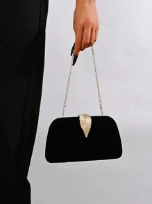 Women's Classic Formal White Evening Clutch Bag With Leaf Metal Buckle Decoration, Party/Wedding Box-Shaped Purse With Chain, Prom Dress Bag Valentines