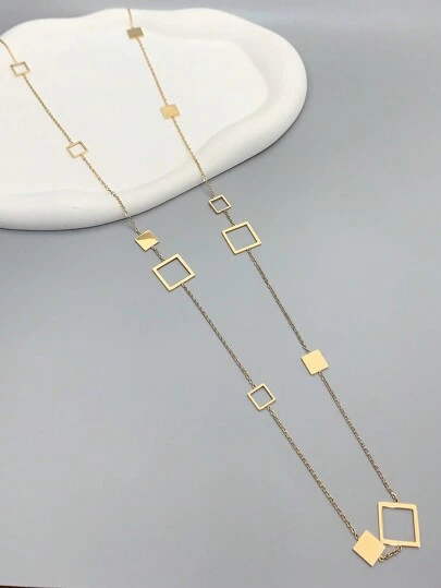 1 件女式 18K 镀金不锈钢镂空方形/圆形/长方形/星形长项链毛衣链，生日情人节约会礼物，舞会配饰，波西米亚度假风格情人节