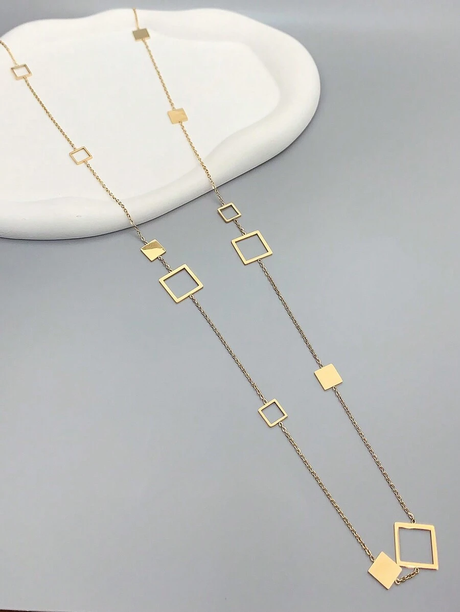 1 件女式 18K 镀金不锈钢镂空方形/圆形/长方形/星形长项链毛衣链，生日情人节约会礼物，舞会配饰，波西米亚度假风格情人节 - 金黃色 - 查看 1