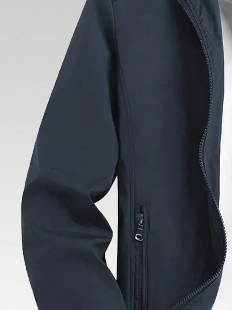 アウトドア用メンズジャケット、ポケット付き、裾とカフにリブ編みで冷気をシャットアウト。メンズスポーツアウトドアジャケット、パーソナライズされたファッションパターン、快適な夏のジム、春 - ネイビーブルー - 見る 4