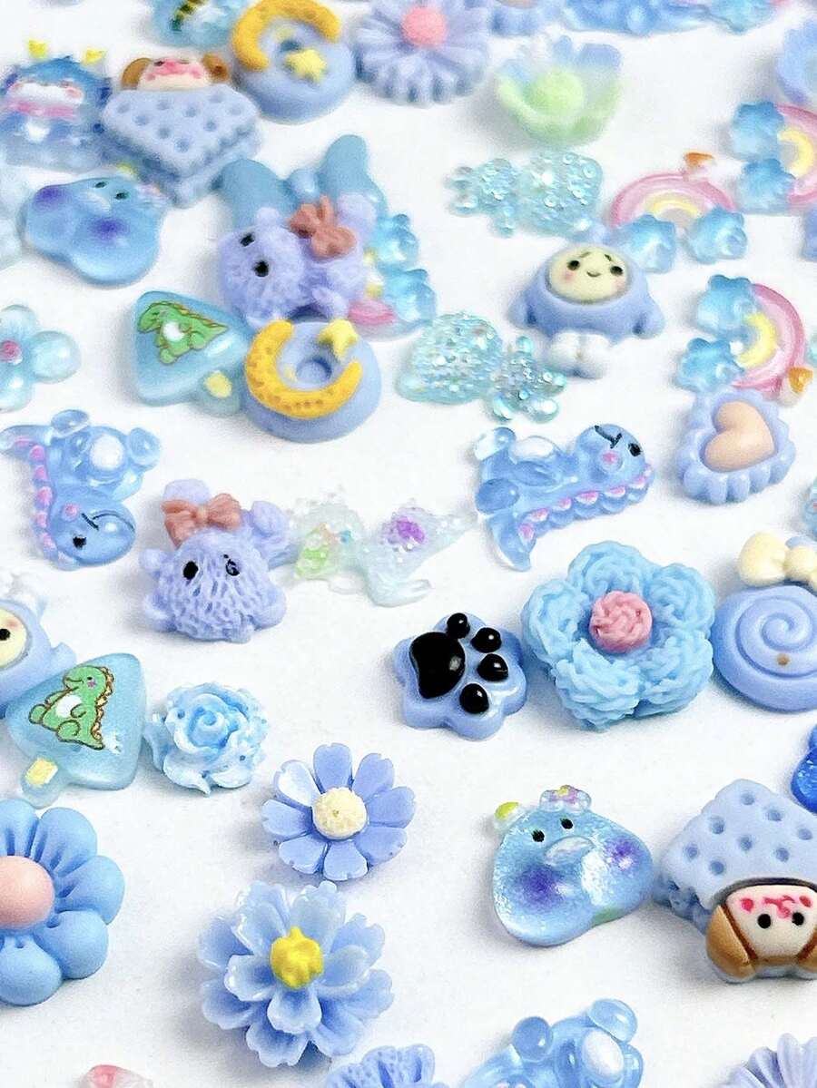 50入組隨機藍色卡通熊、兔子、花朵、蝴蝶結美甲裝飾，DIY美甲魅力石，美甲用品 - 彩色 - 查看 1