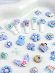 50入組隨機藍色卡通熊、兔子、花朵、蝴蝶結美甲裝飾，DIY美甲魅力石，美甲用品 - 彩色 - 查看 2