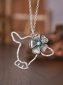 Vintage Western Style Ox Head Flower Turquoise Hollow Pendant Necklace Women Bohemian Farmhouse Personalized Necklace Gift For Her Valentines,Mom,Mother,Mother's Day,Gift