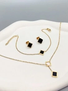 4 件套秋冬新款时尚优雅女士黑色方形油滴 18K 镀金不锈钢项链和耳环套装，适合圣诞节、万圣节、情人节、约会、舞会、婚礼季节和波西米亚风格假期、妈妈、母亲、母亲节、礼物 - 金黃色 - 查看 1