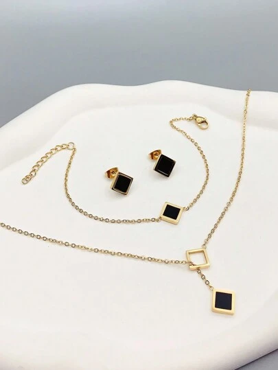 4pcs/Set Fall/Winter New Fashion Elegant Women's Black Square Oil Drop 18K Gold Plated Stainless Steel Necklace And Earring Set, For Christmas, Halloween, Valentine's Day, Date, Dance Party, Wedding Season And Bohemian Style Holiday,Mom,Mother,Mother's Day,Gift