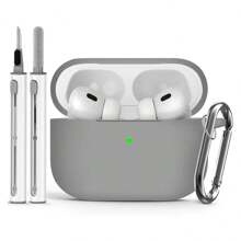 1 Stück einfarbiger Silikon Airpods Schutzhülle-Set mit Karabinerhaken und Reinigungsstift