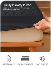 1pc Water Resistant Bed Sheets, Bedding, Fitted Sheet, Mattress Cover, Soft And Comfortable Bedding For Bedroom, Solid Color Waterproof Bed Cover, Rhombus Pattern Embossed Mattress Protector, Deep Pocket, For Single/Twin/Full Bed Sizes, For Bedroom, Guest Room, Hotel, Dustproof Bedspread, Dustproof Non-Slip, Pillow And Pillowcase Not Included, Cozy Home Textile, Perfect Holiday Gift, Black