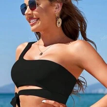 Women's Asymmetric Bandeau Bikini, Black Swimwear Top With Cut-Out And One Shoulder, Side Tie Summer