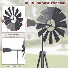 8 Ft/253 Cm Ornamental Windmill, All-Weather Metal Wind Mill W/ 4 Support Legs, Decorative Weathervane For Backyard, Garden, Farm, 4 Ground Stakes Included (Grey) - Grey - View 3