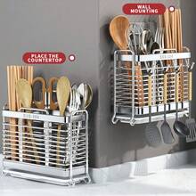 1入304不銹鋼廚房儲物架，壁掛式排水筷子架，多功能餐具組織器（無需鑽孔） - 銀色 - 查看 4