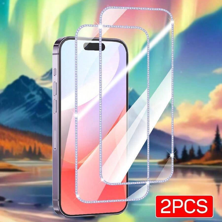 2pcs Purple Bling Rhinestone Frame IPhone Tempered Glass Screen Protector, Anti-Explosion & Easy To Install - Purple - View 1