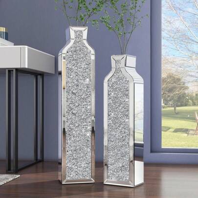 Set Of 2 Tall Crushed Diamond Floor Vases, 24" & 30" H Silver Mirrored Vases, Crystal Glass Decorative Vases For Pampas Grass, Living Room Decor