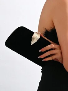 Women's Classic Formal White Evening Clutch Bag With Leaf Metal Buckle Decoration, Party/Wedding Box-Shaped Purse With Chain, Prom Dress Bag Valentines