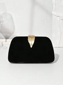 Women's Classic Formal White Evening Clutch Bag With Leaf Metal Buckle Decoration, Party/Wedding Box-Shaped Purse With Chain, Prom Dress Bag Valentines