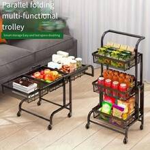 1 pieza Estante de almacenamiento multifuncional con ruedas de piso, 3 capas de estante plegable ajustable y rotativo, organizador de carrito de empuje manual - Negro - Ver 6