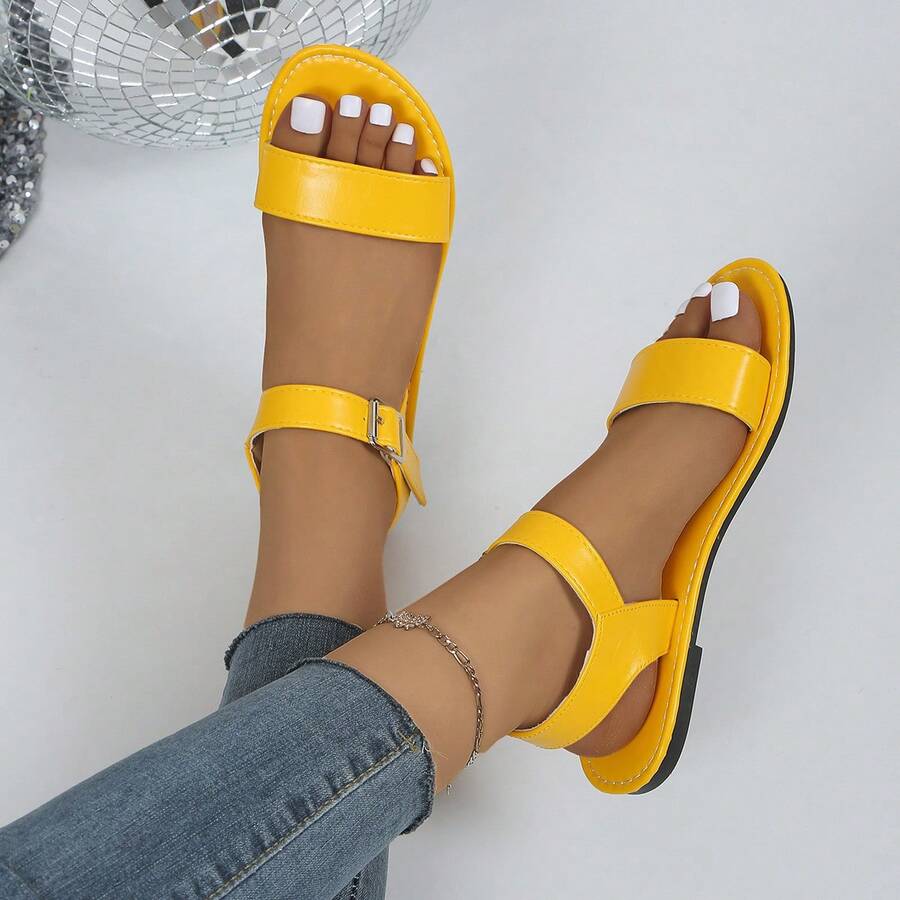Women's Fashion Flat Sandals, Casual And Comfortable Sandals, Stylish Peep Toe Design, Adjustable Buckle Strap, Suitable For Versatile Outdoor And Daily Wear In Summer - Yellow - View 1